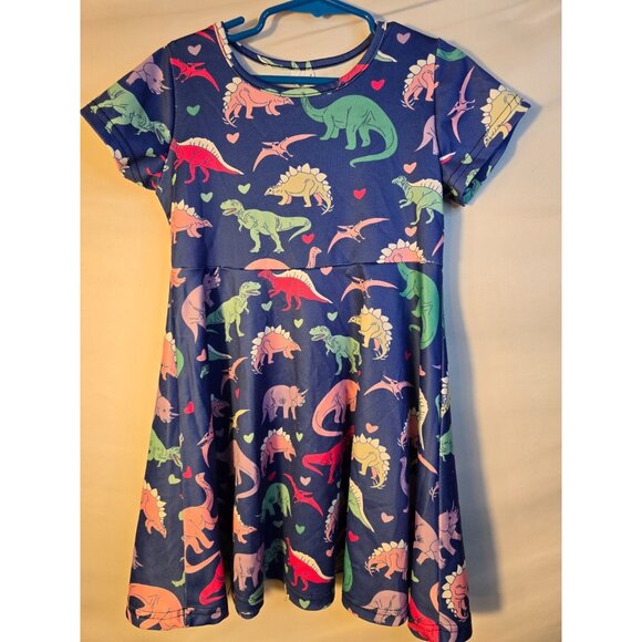Funnycokid Girls So Cute Dino Dinosaur Dress Size Medium M 6/7 Fit & Flare - Picture 1 of 3
